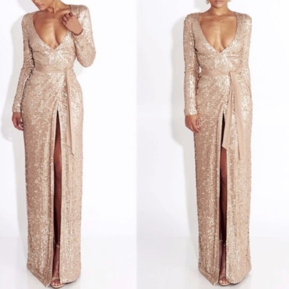 Jluxlabel Gold Sequins Wrap Gown Maxi Dress - Picture 2 of 5